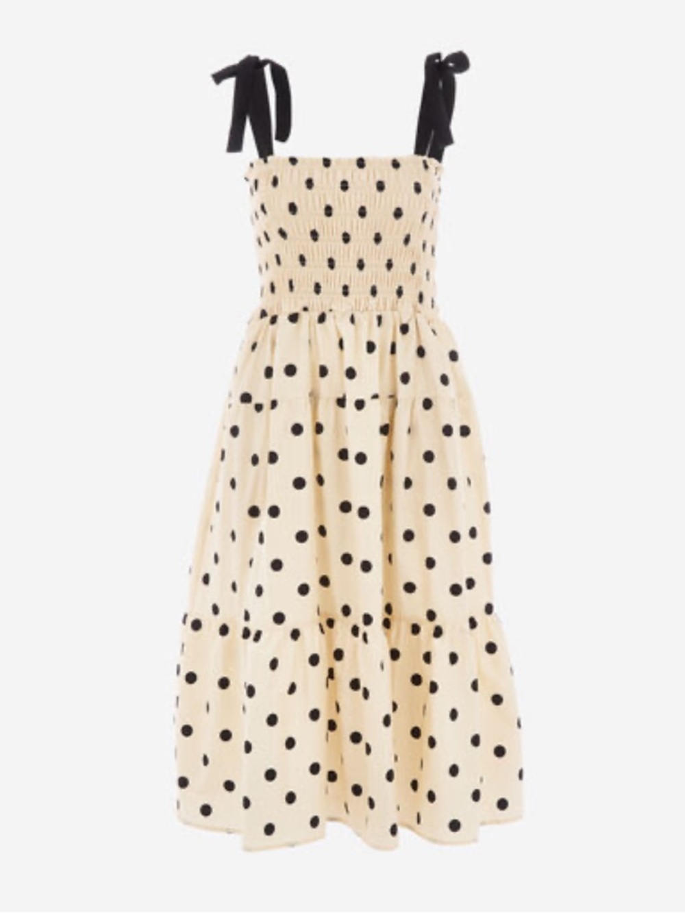 Nicole Miller Cream Polka Dot Midi Dress with Black Ties